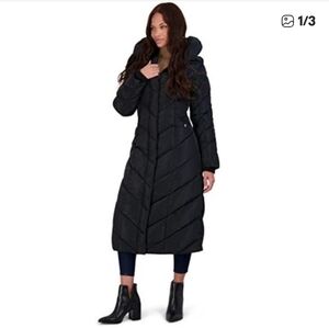 Steve Madden Black Long Chevron Puffer Coat